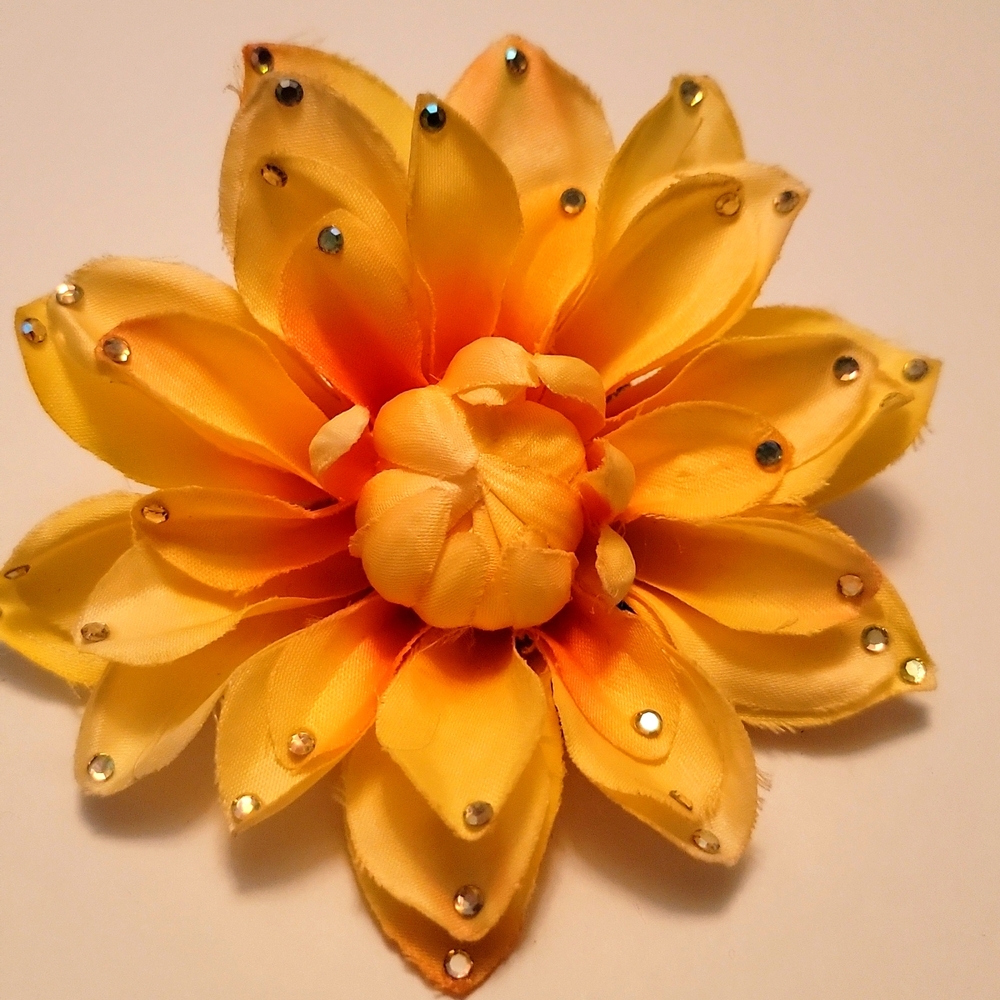 Large Statement Satin Fabric Flower Pin Brooch Embellished Marigold Yello